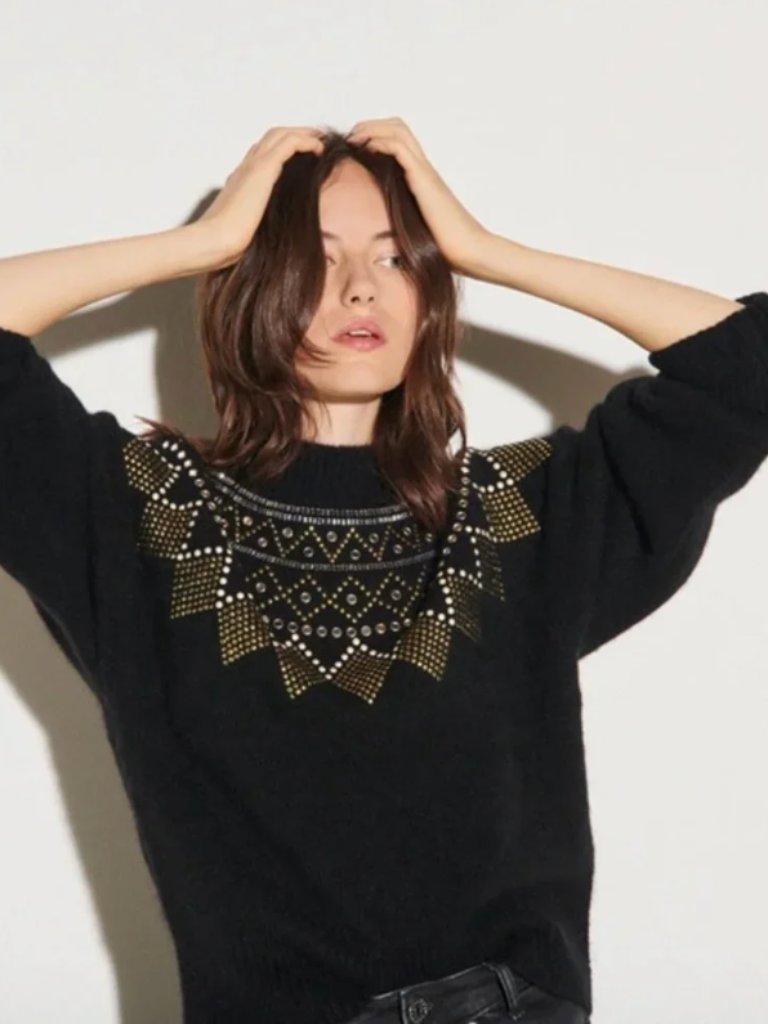 Sandro Paris Bart Fair Isle Alpaca Studded Sweater Black Size 1, Us S ($370)
